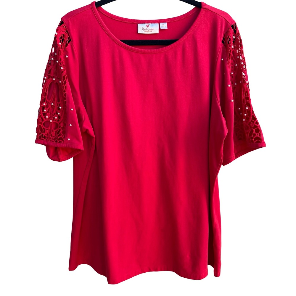 Quacker Factory Coquette Romantic Crochet Lace Pearl Embellished Blouse Red XL